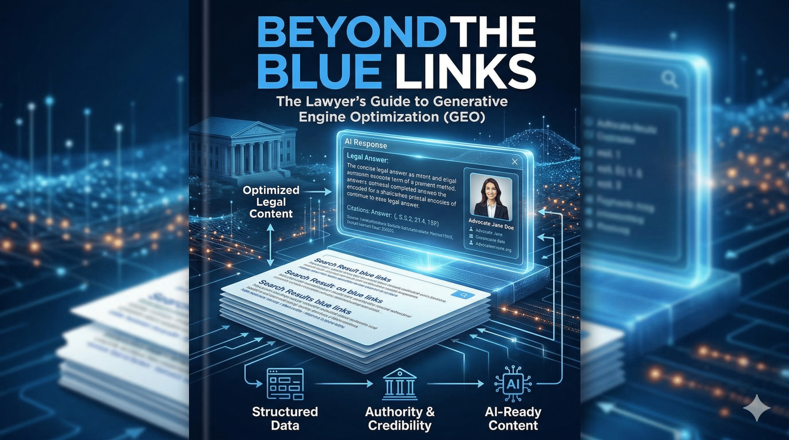 Graphic for the guide to GEO for law firms titled Beyond the Blue Links.