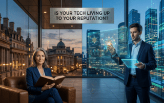 A split-screen visual of a law firm office: one side shows a traditional lawyer with a law book, the other shows a modern lawyer interacting with a holographic AI data interface against a city skyline.