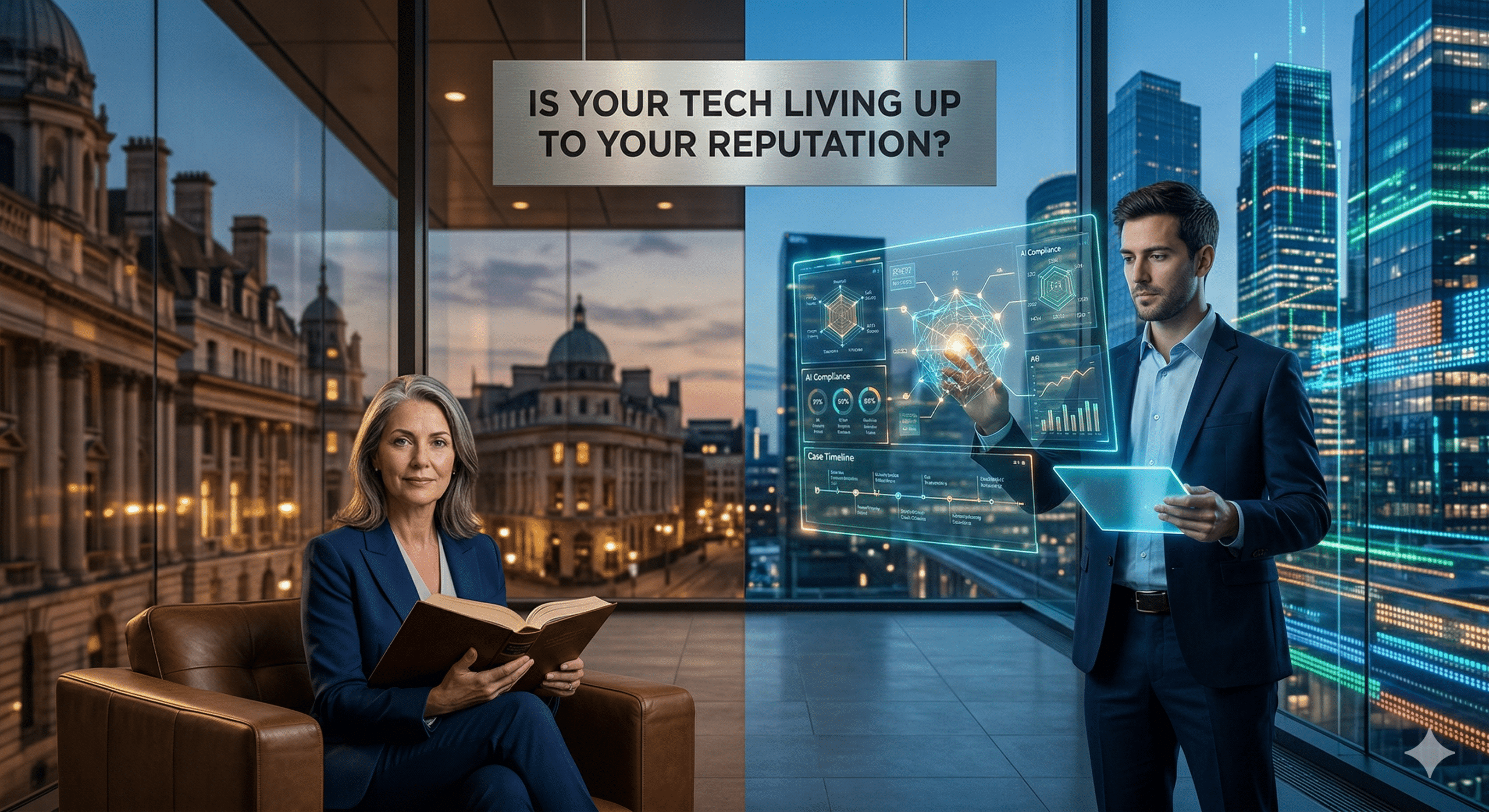 A split-screen visual of a law firm office: one side shows a traditional lawyer with a law book, the other shows a modern lawyer interacting with a holographic AI data interface against a city skyline.