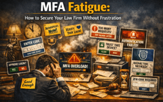 Graphic of a law firm professional overwhelmed by MFA fatigue notifications on their laptop and phone.