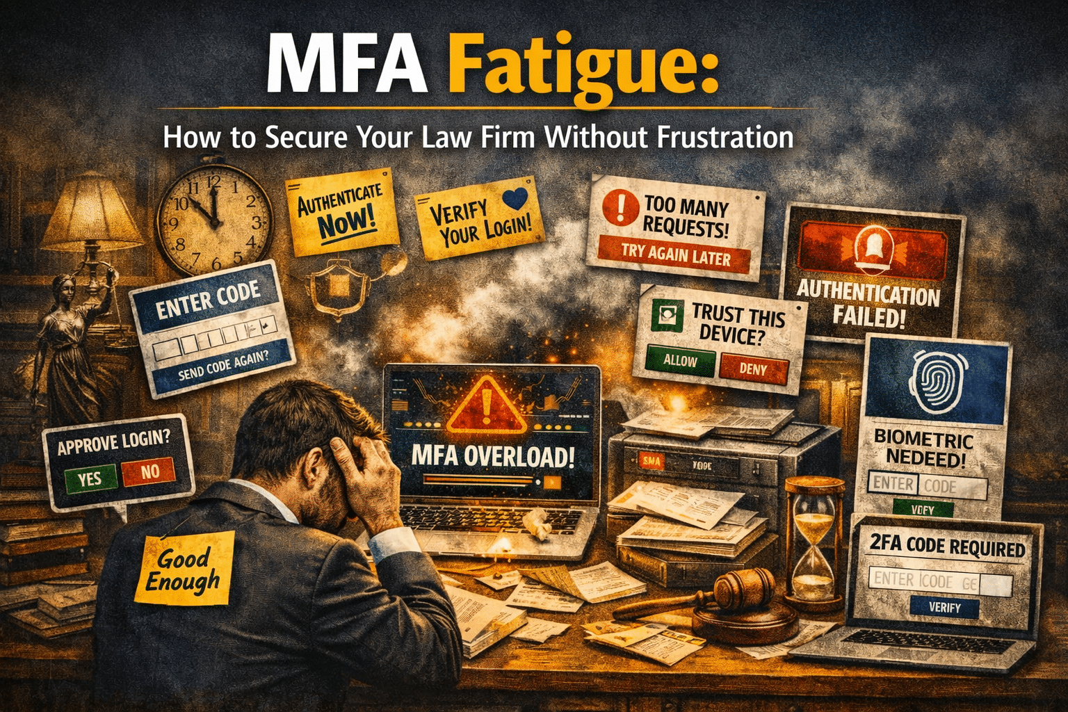 Graphic of a law firm professional overwhelmed by MFA fatigue notifications on their laptop and phone.