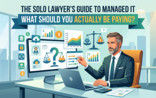 Illustration of a solo lawyer at a desk reviewing managed IT service costs on a computer screen.