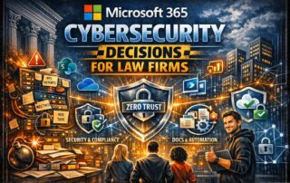 Illustration showing Microsoft 365 tools for law firms, highlighting Teams, SharePoint, and compliance icons.