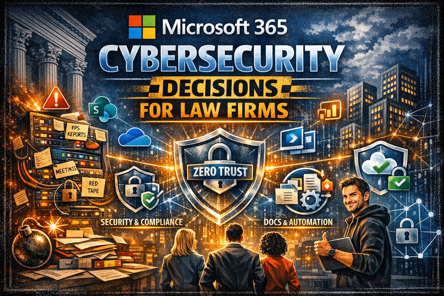 Illustration showing Microsoft 365 tools for law firms, highlighting Teams, SharePoint, and compliance icons.