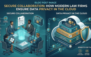 Infographic showing how law firm data privacy is maintained through secure cloud collaboration tools.
