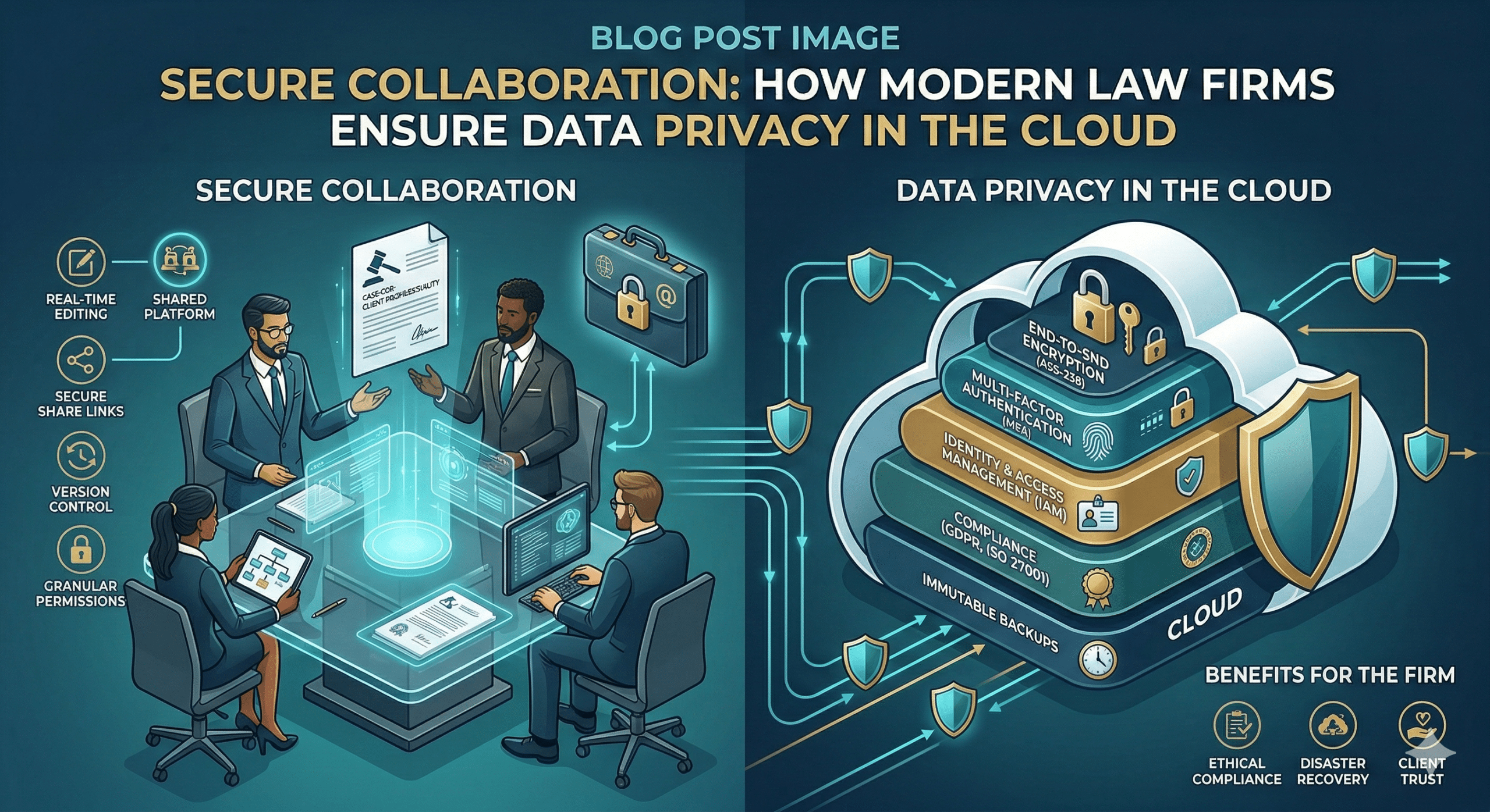 Infographic showing how law firm data privacy is maintained through secure cloud collaboration tools.