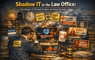 Illustration showing Shadow IT in Law Firms, highlighting the risks of personal Gmail and Dropbox accounts.