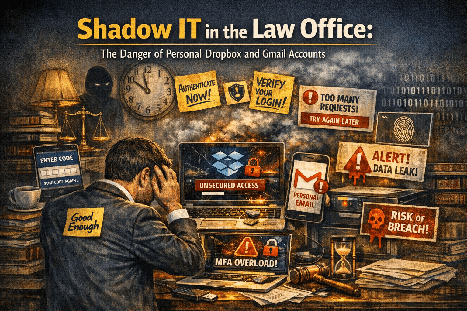 Illustration showing Shadow IT in Law Firms, highlighting the risks of personal Gmail and Dropbox accounts.