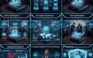 Infographic representing the key sections of a cybersecurity playbook for law firm managing partners, showing legal professionals, data security concepts, and financial implications.