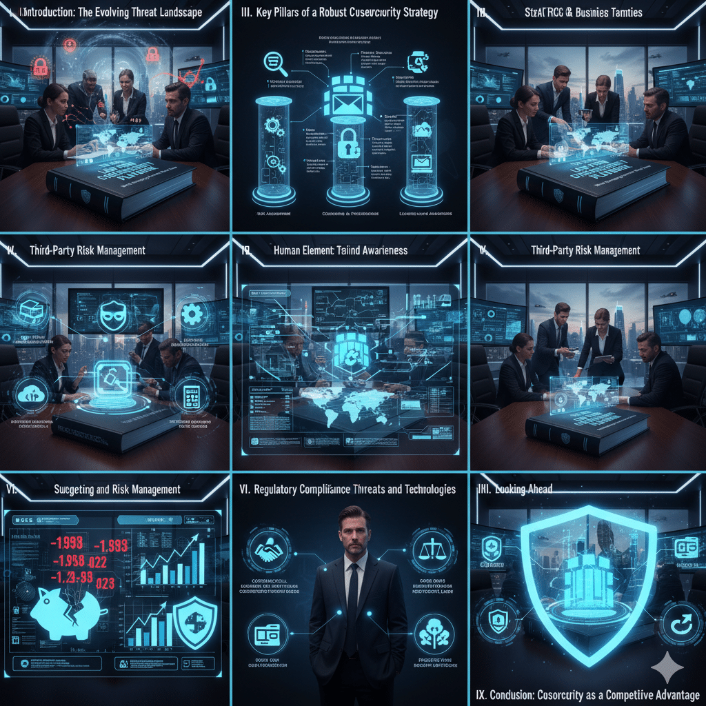 Infographic representing the key sections of a cybersecurity playbook for law firm managing partners, showing legal professionals, data security concepts, and financial implications.