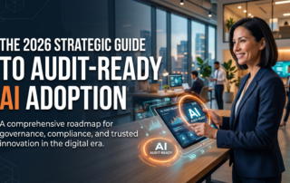 A professional woman in a modern office using a digital tablet with AI data visualizations, representing the 2026 Strategic Guide to Audit-Ready AI Adoption for law firms.