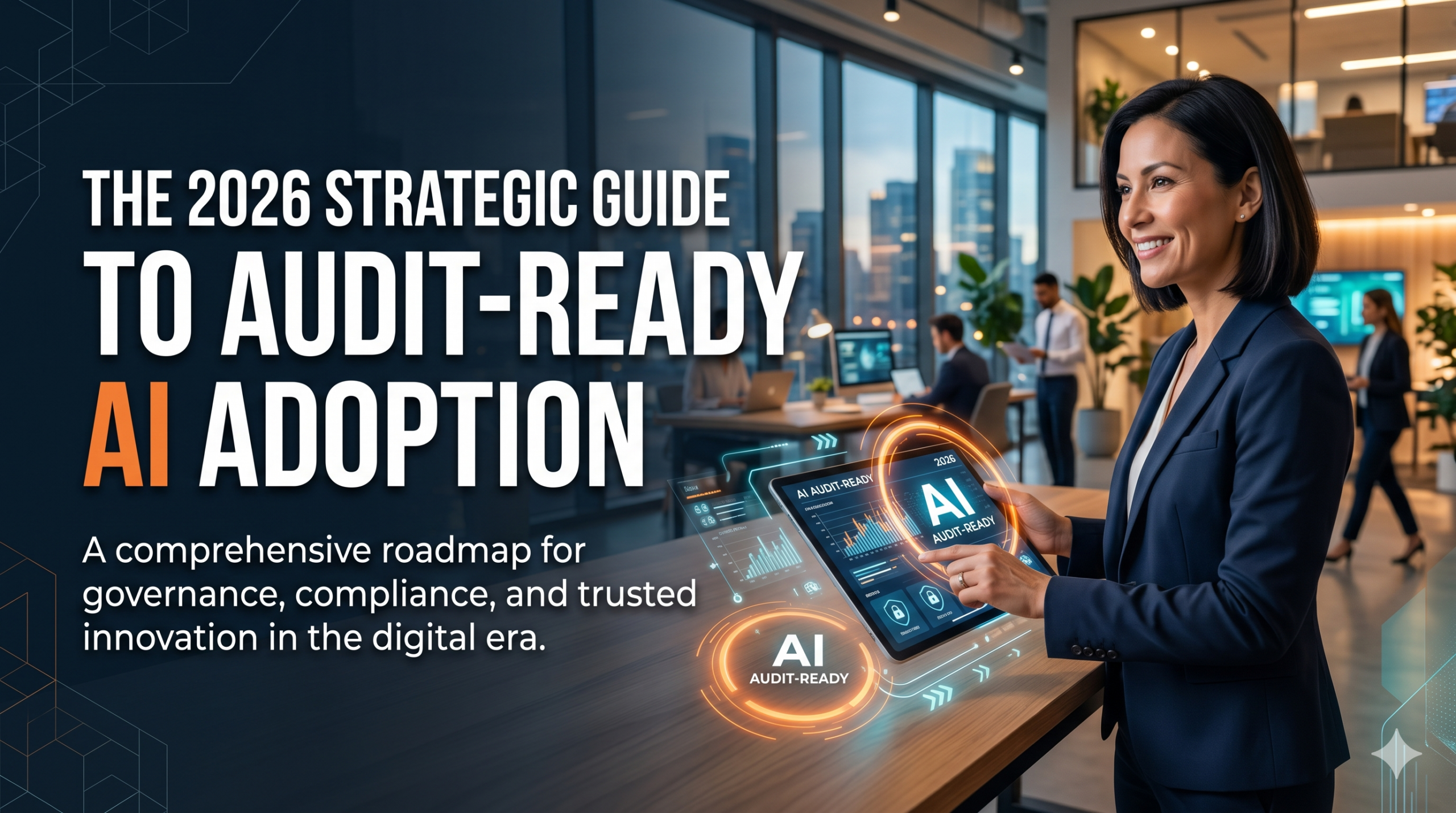 A professional woman in a modern office using a digital tablet with AI data visualizations, representing the 2026 Strategic Guide to Audit-Ready AI Adoption for law firms.