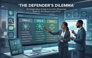 Two legal professionals in a modern cybersecurity command center analyzing a comparison of incident response tools on digital displays.