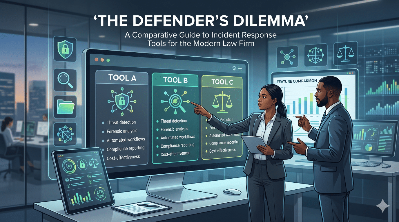 Two legal professionals in a modern cybersecurity command center analyzing a comparison of incident response tools on digital displays.