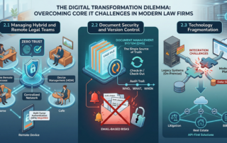 Infographic illustrating core IT challenges for law firms: managing hybrid teams with Zero Trust and VPN, document security through DMS vs. email risks, and resolving technology fragmentation by integrating legacy systems with cloud platforms.