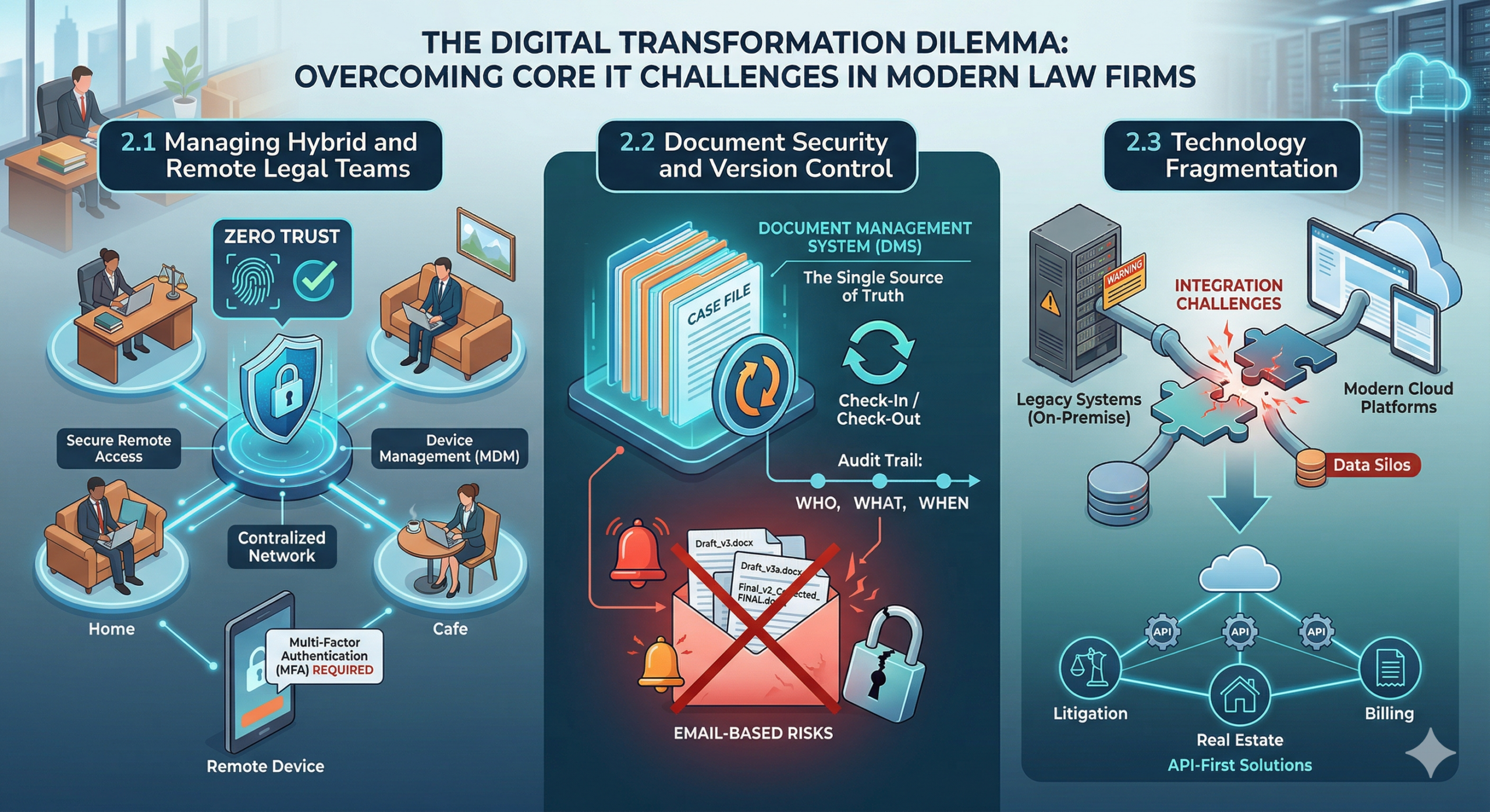 Infographic illustrating core IT challenges for law firms: managing hybrid teams with Zero Trust and VPN, document security through DMS vs. email risks, and resolving technology fragmentation by integrating legacy systems with cloud platforms.