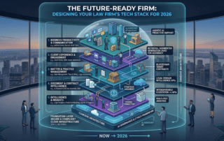Infographic showing a futuristic law firm tech stack titled The Future-Ready Firm in a modern office.