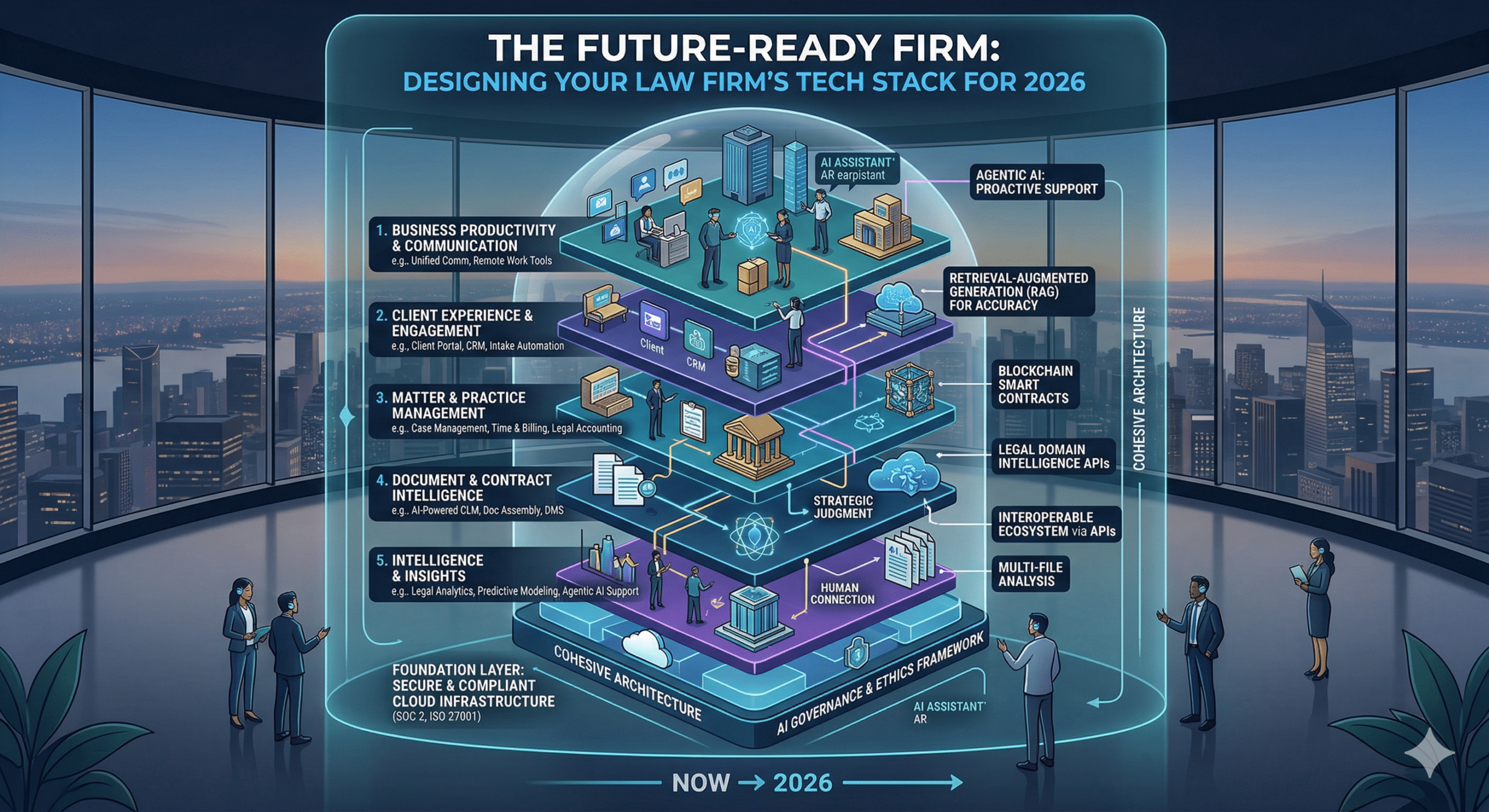 Infographic showing a futuristic law firm tech stack titled The Future-Ready Firm in a modern office.