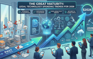 Conceptual illustration of 2026 legal technology spending trends showing a rising growth arrow and digital law icons.