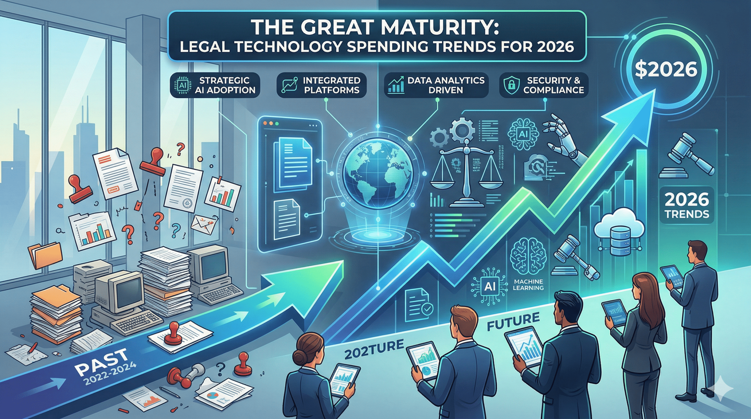 Conceptual illustration of 2026 legal technology spending trends showing a rising growth arrow and digital law icons.