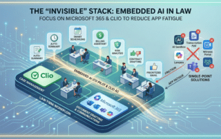 Conceptual infographic showing the "Invisible Stack" in legal tech, illustrating how embedded AI in Microsoft 365 and Clio streamlines law firm workflows compared to fragmented single-point solutions.