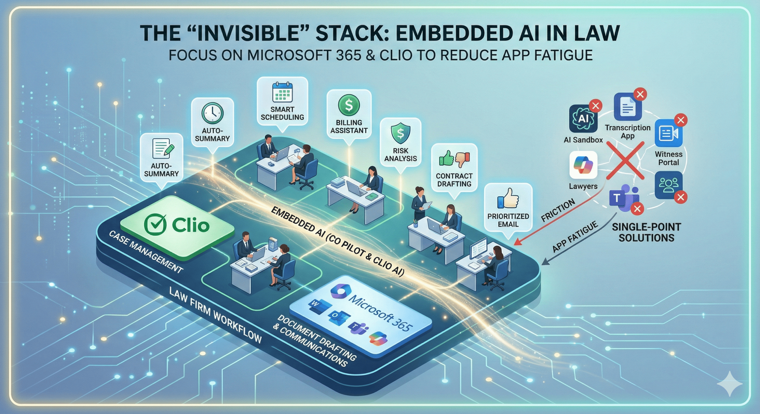 Conceptual infographic showing the "Invisible Stack" in legal tech, illustrating how embedded AI in Microsoft 365 and Clio streamlines law firm workflows compared to fragmented single-point solutions.