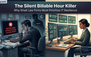 Preventing law firm IT interruptions: An illustration comparing a frustrated lawyer facing a system crash to a productive firm using resilient technology.