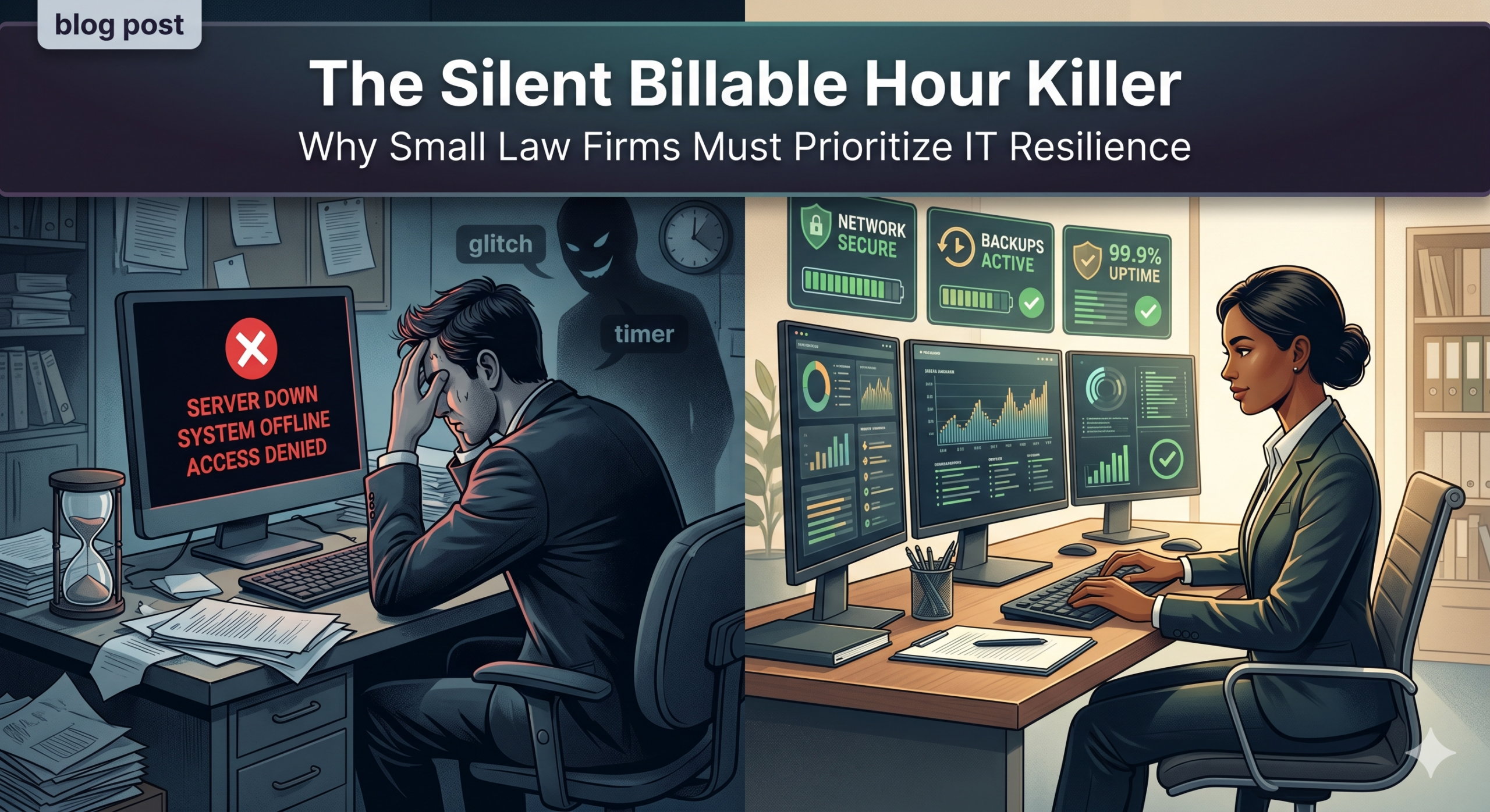 Preventing law firm IT interruptions: An illustration comparing a frustrated lawyer facing a system crash to a productive firm using resilient technology.