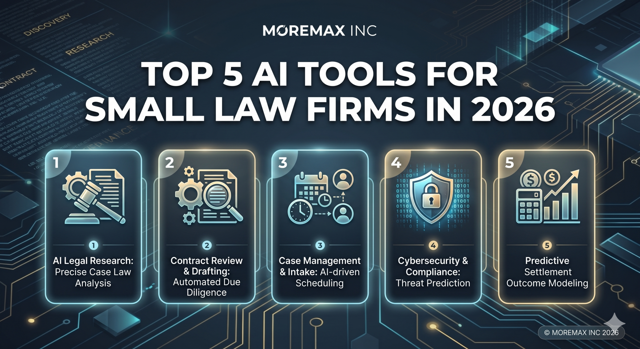 Infographic showing the Top 5 AI Tools for Small Law Firms in 2026, including CoCounsel, Spellbook, LawDroid, Clio Duo, and LiquidText.