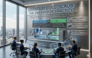 A high-tech legal data operations center with a team of professionals monitoring a "Quantum Docu-Scrub" process on a large digital display, comparing unsecure deletion versus ethical scrubbing.