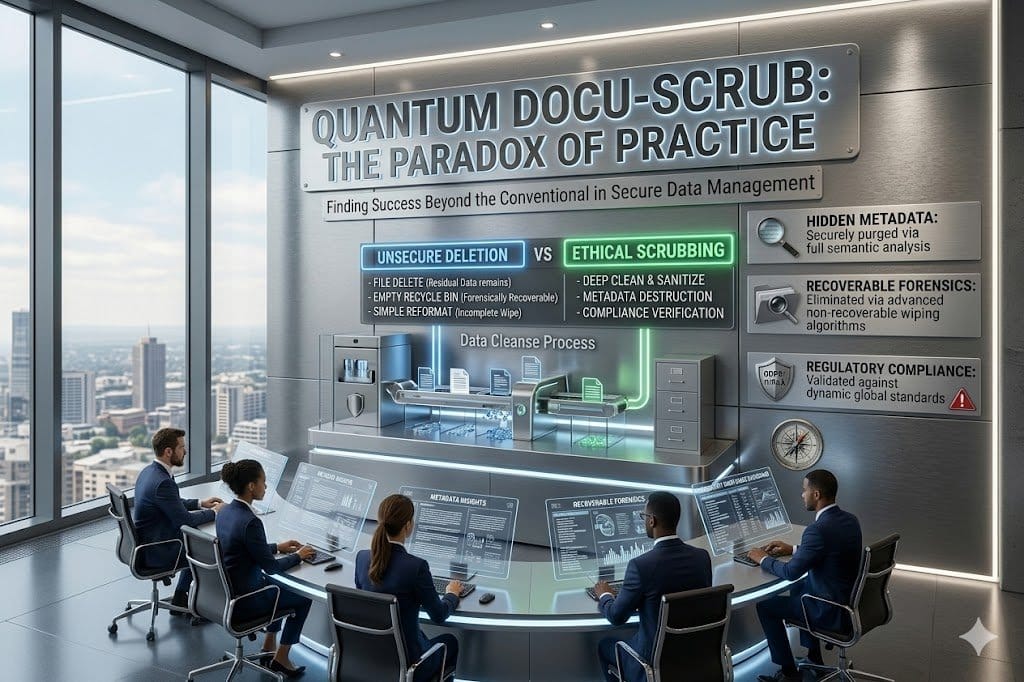 A high-tech legal data operations center with a team of professionals monitoring a "Quantum Docu-Scrub" process on a large digital display, comparing unsecure deletion versus ethical scrubbing.