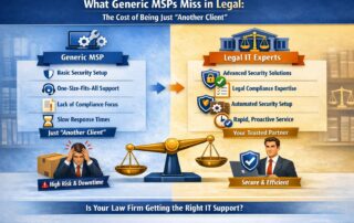 An infographic comparing a Generic MSP with specialized Law Firm IT support, highlighting gaps in legal compliance, security, and software expertise.