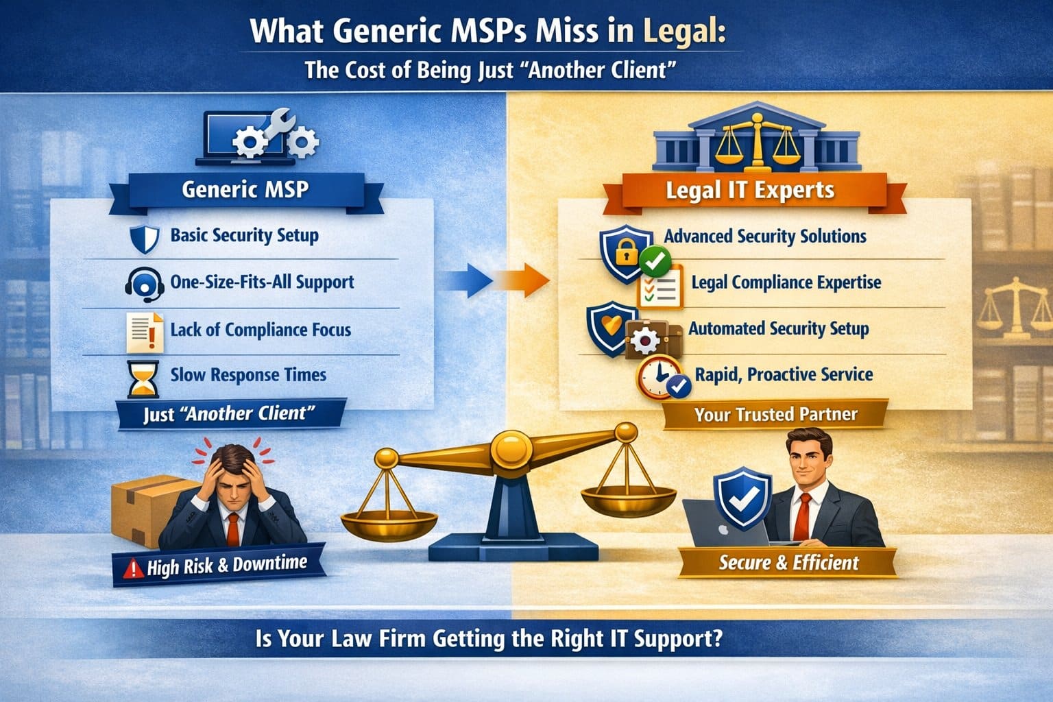 An infographic comparing a Generic MSP with specialized Law Firm IT support, highlighting gaps in legal compliance, security, and software expertise.