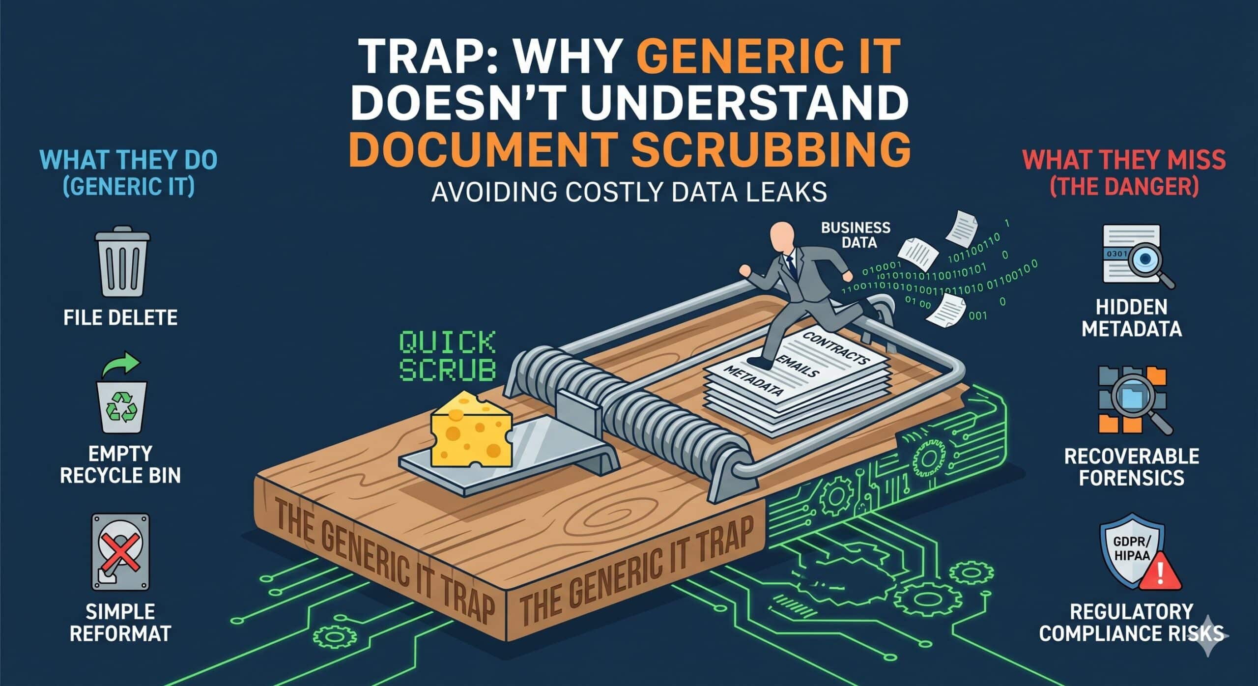 Infographic explaining document scrubbing for lawyers and the risks of hidden metadata in legal files.