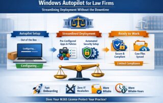 Infographic explaining Windows Autopilot law firms deployment process, showing zero-touch laptop setup for legal teams.