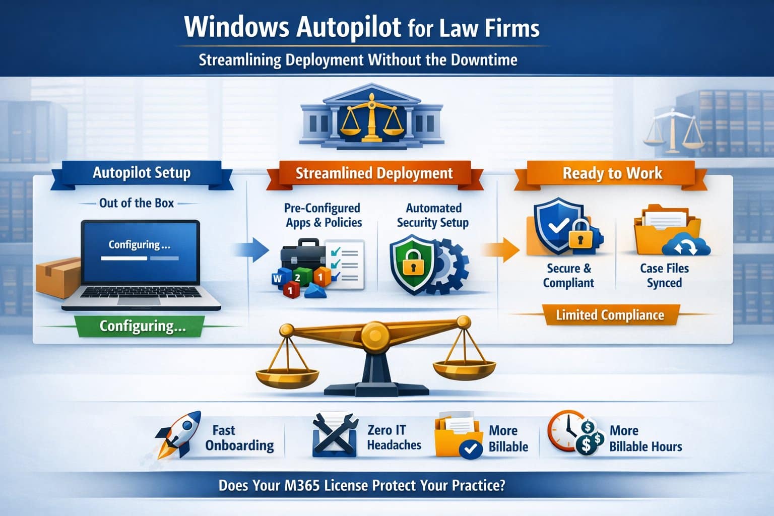 Infographic explaining Windows Autopilot law firms deployment process, showing zero-touch laptop setup for legal teams.