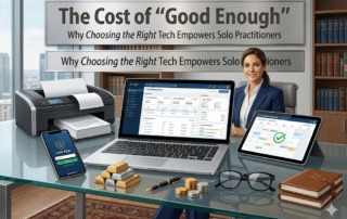 Professional female attorney in a modern office with a laptop showing legal case management software, symbolizing efficient legal technology.