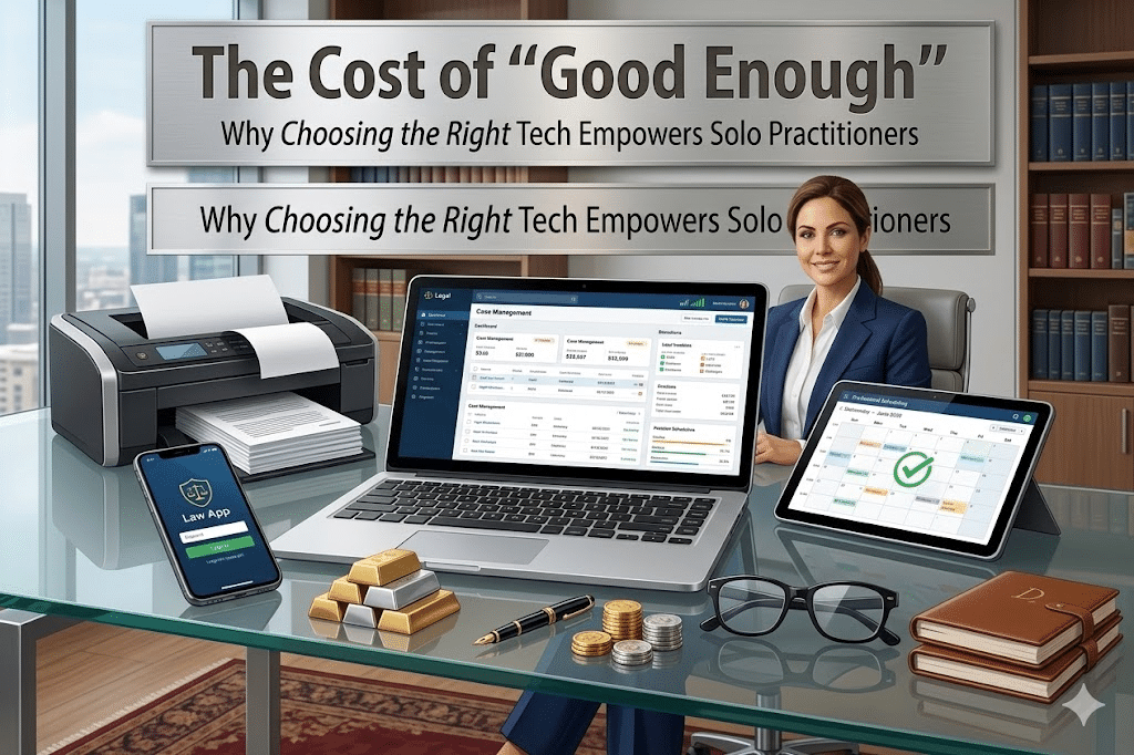 Professional female attorney in a modern office with a laptop showing legal case management software, symbolizing efficient legal technology.