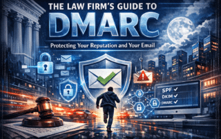 A digital shield with a green checkmark next to a wooden legal gavel, representing DMARC email security for law firms.
