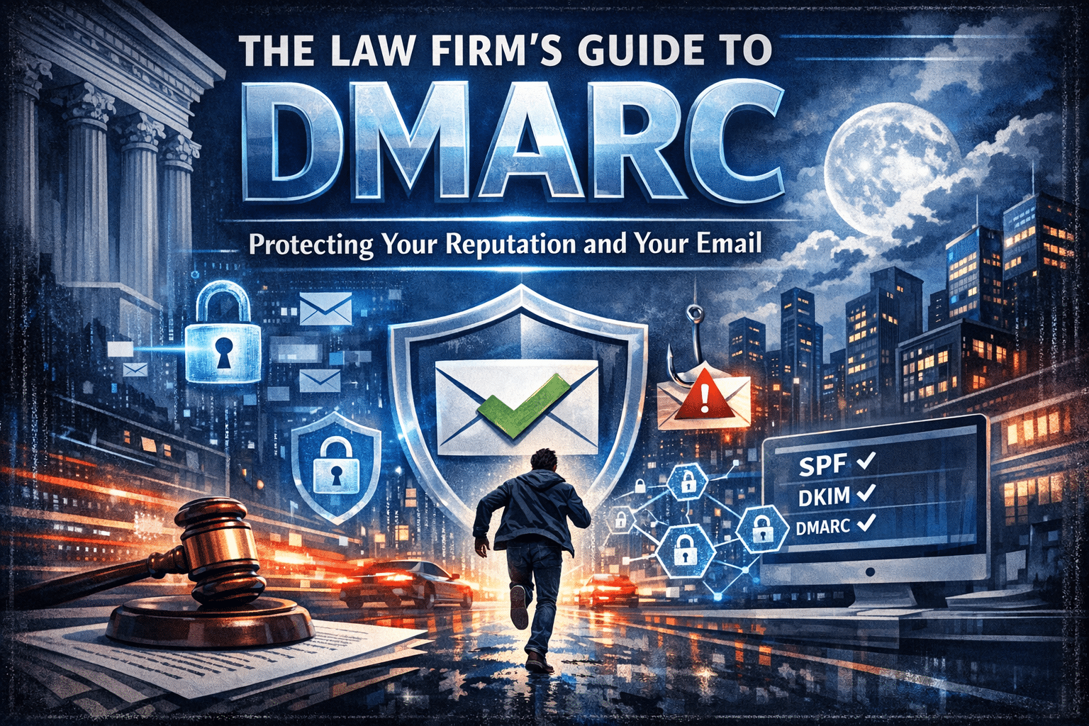 A digital shield with a green checkmark next to a wooden legal gavel, representing DMARC email security for law firms.