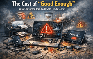 Illustration showing broken consumer tech devices symbolizing failure for solo practitioners.