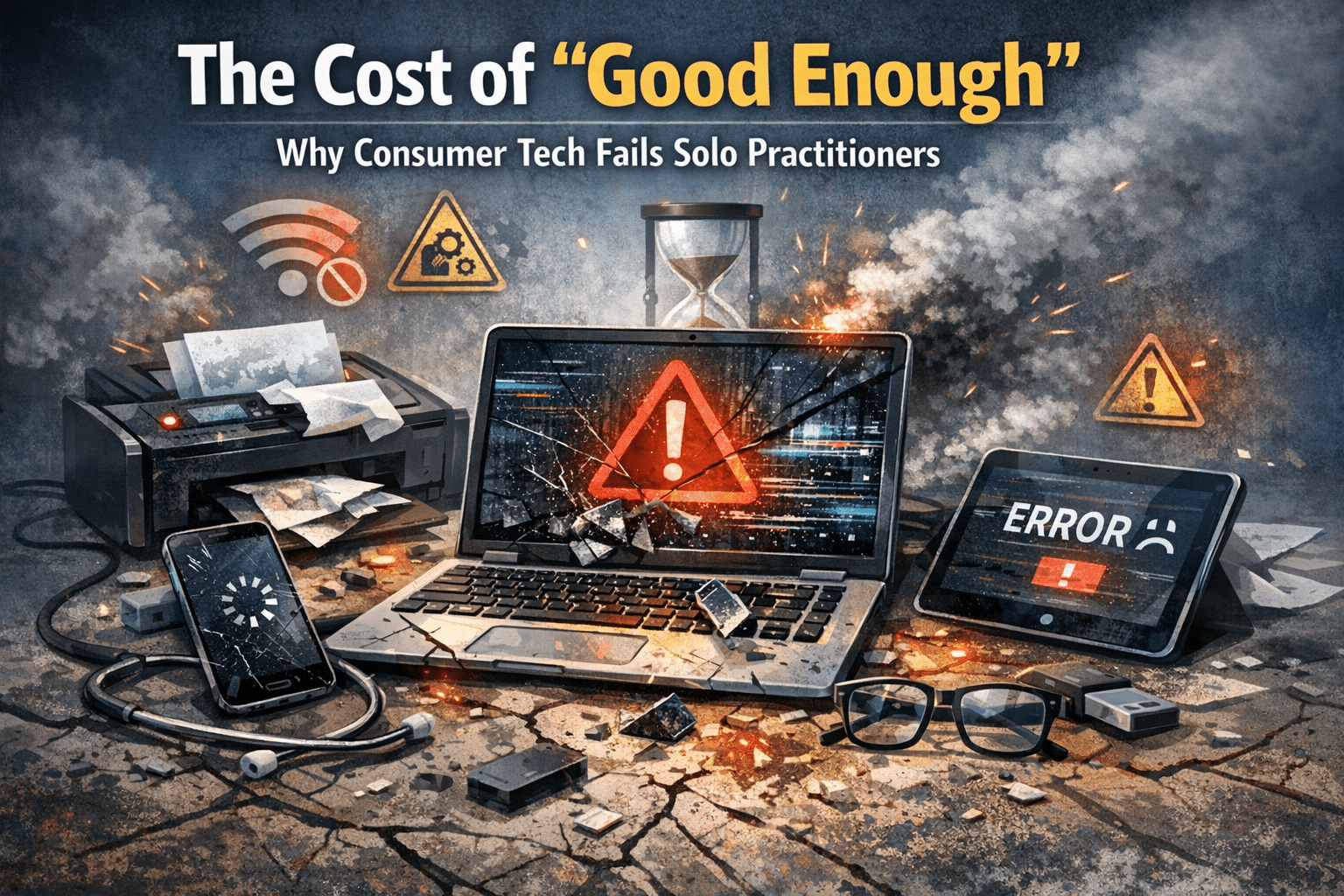 Illustration showing broken consumer tech devices symbolizing failure for solo practitioners.