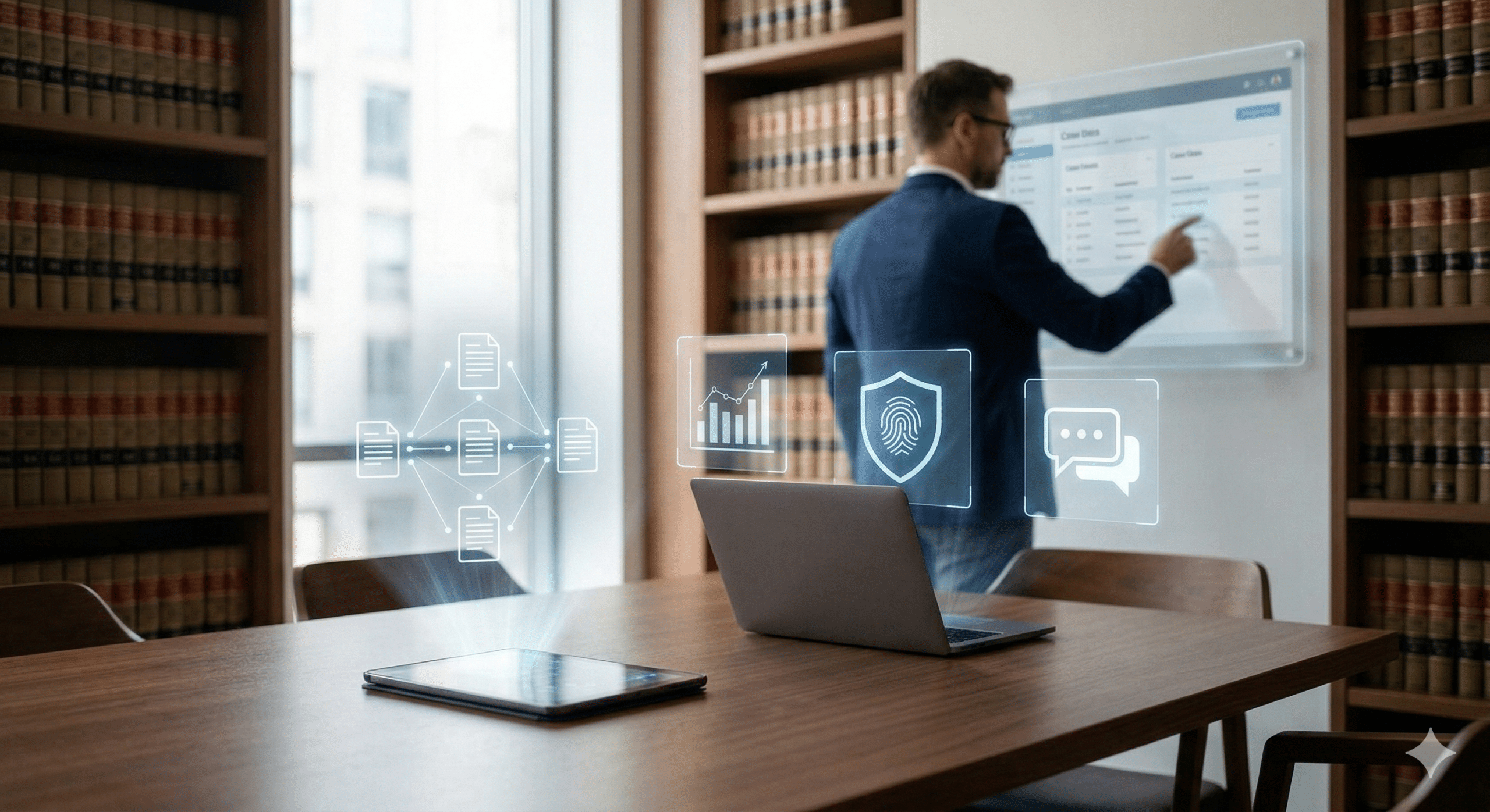 A professional using modern law firm technology as a strategic business asset to manage case data and security.