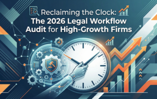 A modern, high-tech graphic featuring a clock, gears, and a legal gavel icon, titled "Reclaiming the Clock: The 2026 Legal Workflow Audit for High-Growth Firms."