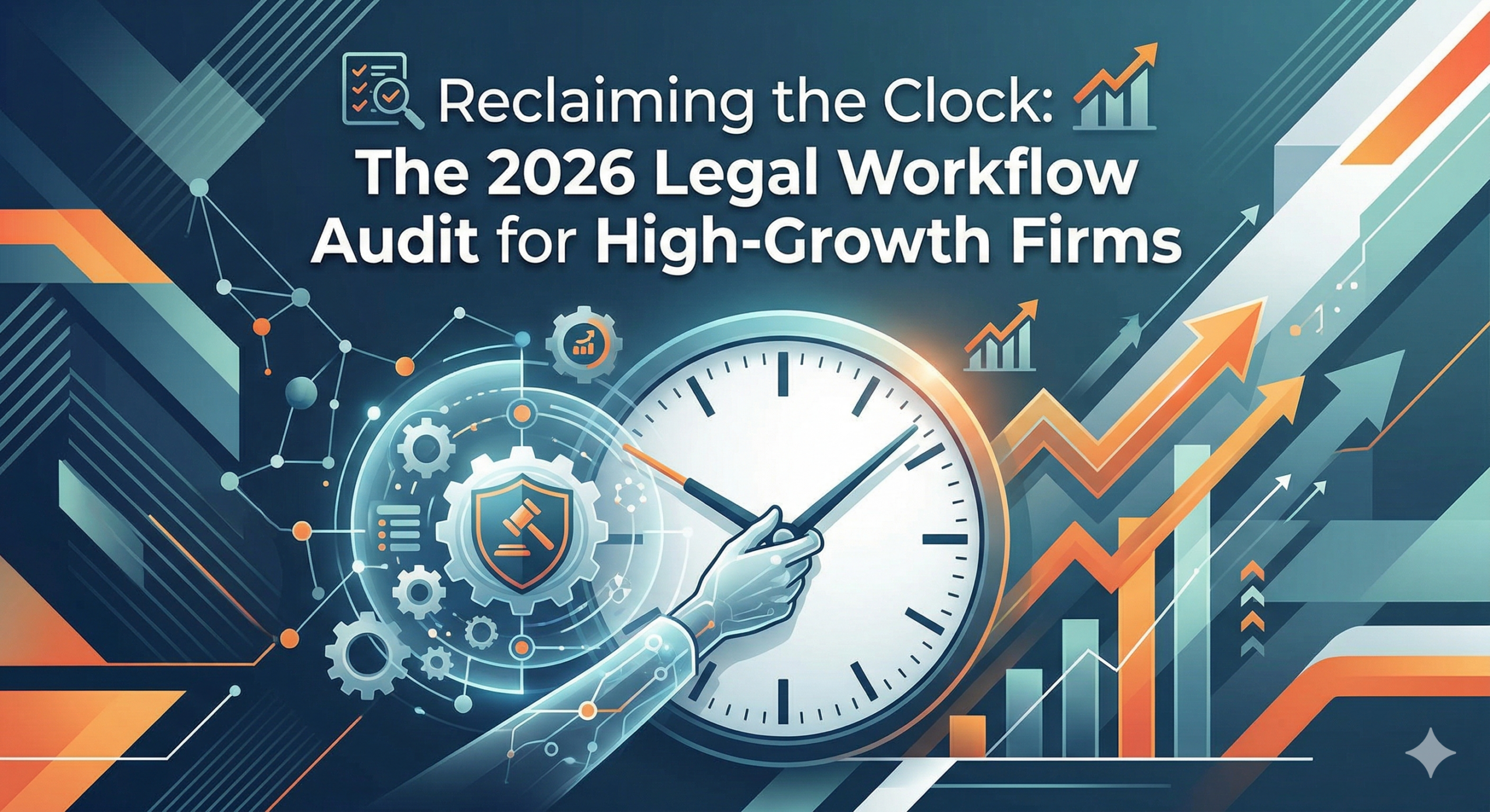 A modern, high-tech graphic featuring a clock, gears, and a legal gavel icon, titled "Reclaiming the Clock: The 2026 Legal Workflow Audit for High-Growth Firms."