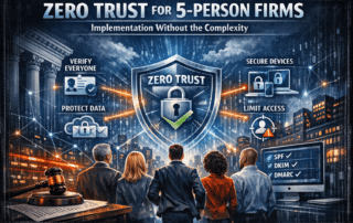 A small group of legal professionals standing before a digital security shield with a padlock, representing Zero Trust security for a 5-person law firm.