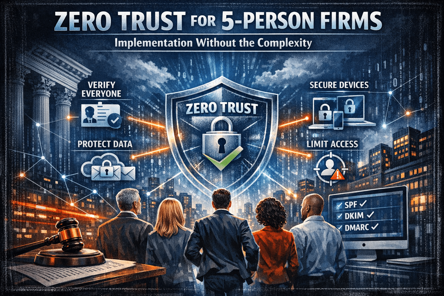 A small group of legal professionals standing before a digital security shield with a padlock, representing Zero Trust security for a 5-person law firm.