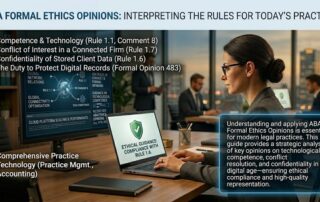 Infographic detailing ABA Formal Opinions for lawyers regarding digital data protection, breach response duties, and technical competence.