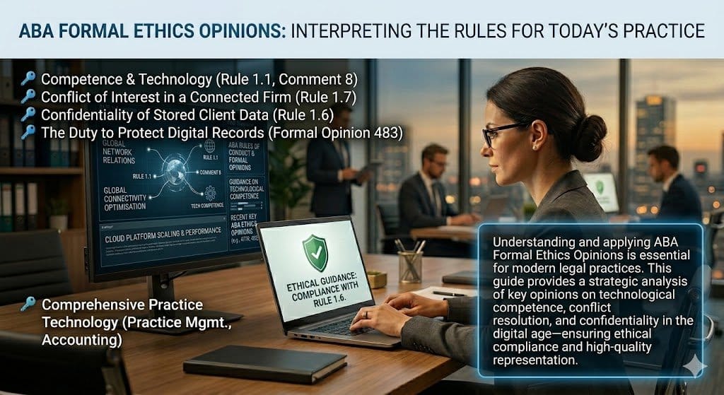 Infographic detailing ABA Formal Opinions for lawyers regarding digital data protection, breach response duties, and technical competence.