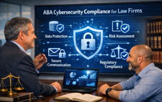A professional legal discussion regarding ABA cybersecurity compliance, featuring icons for risk assessment, data protection, and regulatory standards.